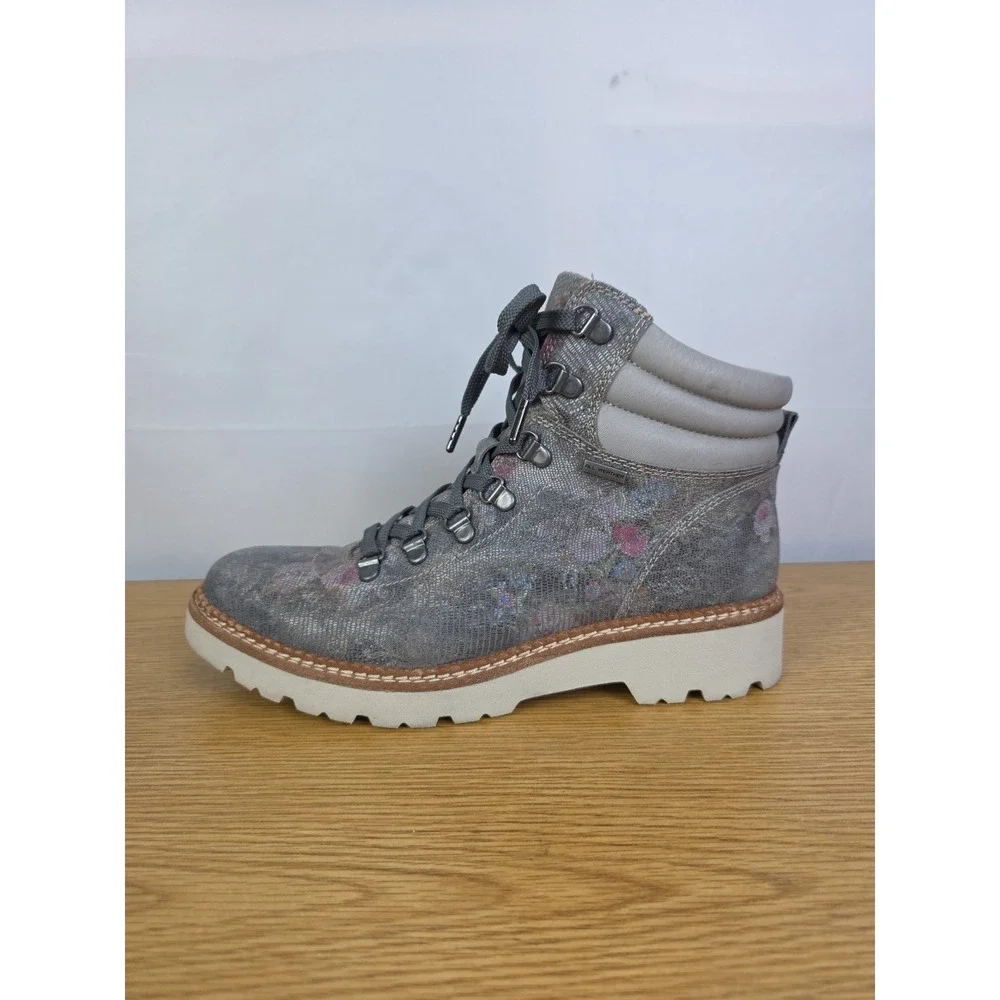Bionica‎ Women's Dezi Gray Floral Waterproof Leather Lace Up Ankle Boots 8M